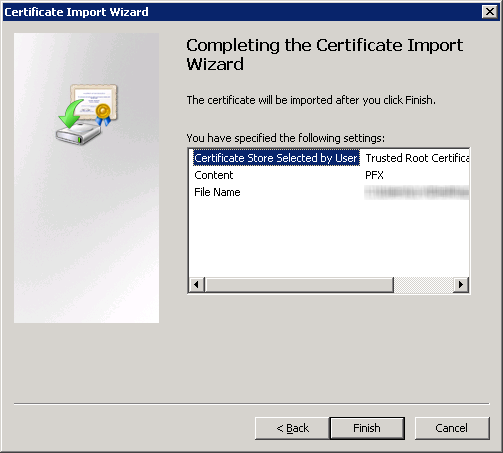 The Completing the Certificate Import Wizard screen. "Finish" is selected.