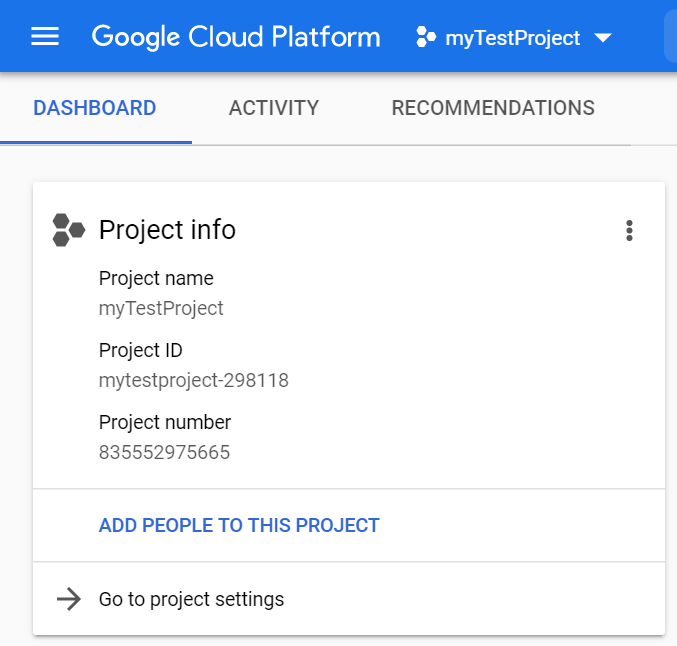 Google cloud dashboard new project card
