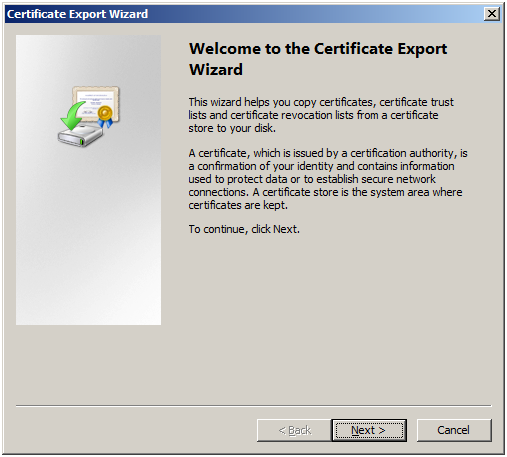 The Certificate Export Wizard window. "Next" is selected.