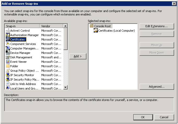 The Add or Remove Snap-ins window. "Certificates" is selected.