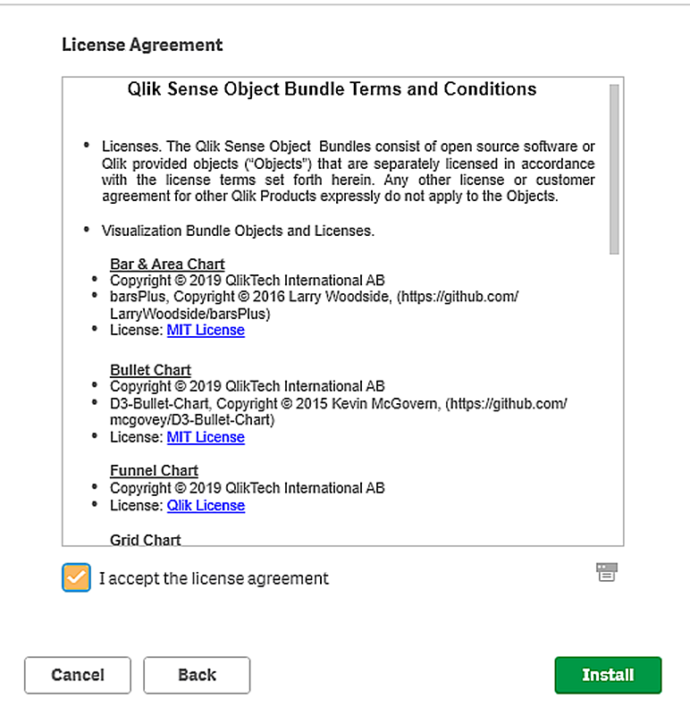 Ready to install screen from qlik sense installer with all options selected.