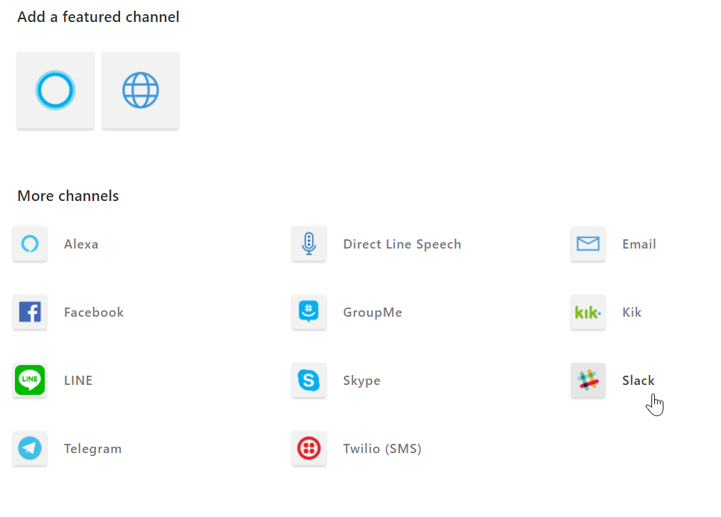 The Azure channels page, showing more channels