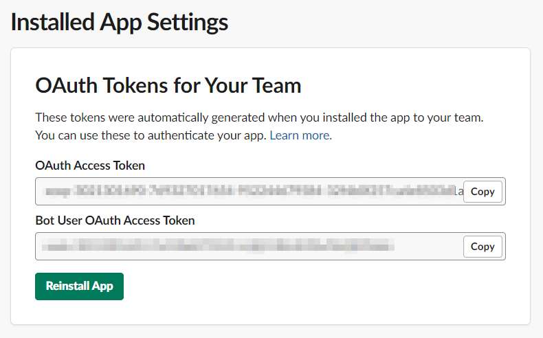 Slack API OAuth tokens window, showing the oauth token and bot user token