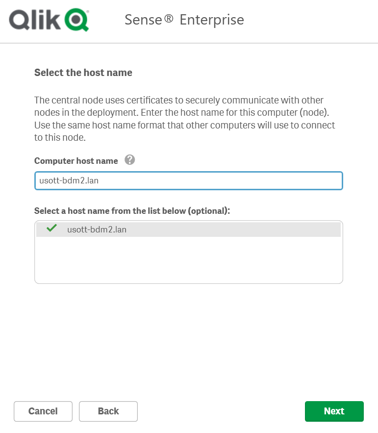 Qlik Sense installer add host name screen