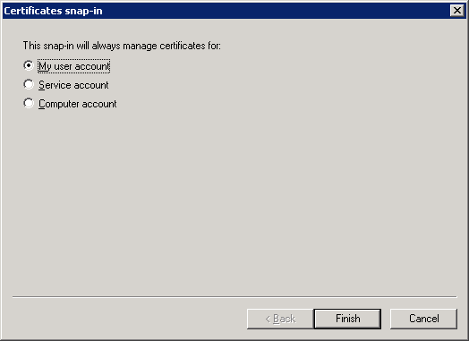 The Certificates snap-in window. "My user account" is selected.