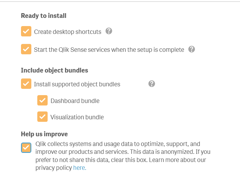 Ready to install screen from qlik sense installer with all options selected.