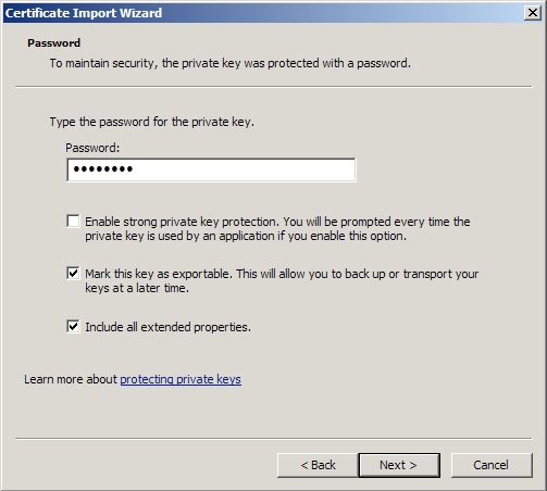 The Certificate Import Wizard's Password screen. "Mark this key as exportable" and "Include all extended properties" are selected.