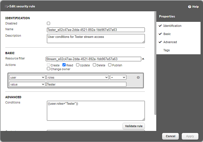 Edit security role pane