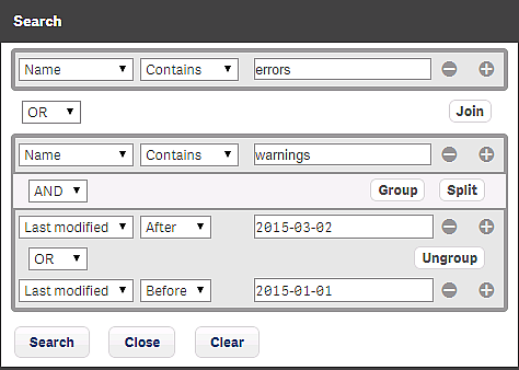 A search with four conditions: Name Contains error OR (Name Contains warnings AND Last modified After 2015-03-02 OR Last modified After 2015-01-01).