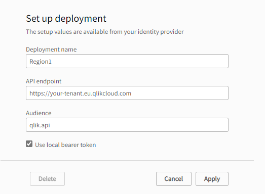 Click to view full size The deployment configuration pane with input fields.