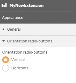 An interface titled "MyNewExtension" with the subtitle "Appearance". Under "Appearance", there are two hide and show buttons called "General" and "Orientation radio-buttons". Under the "Orientation radio-button", there are two radio buttons called "Vertical" and "Horizontal" with the title "Orientation radio-buttons" above them. The "Vertical" button is selected.
