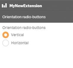 An interface titled "MyNewExtension" with the subtitle "Orientation radio-buttons". Under "Orientation radio-buttons", there are two radio buttons called "Vertical" and "Horizontal" with the title "Orientation radio-buttons" above them. The "Vertical" button is selected.