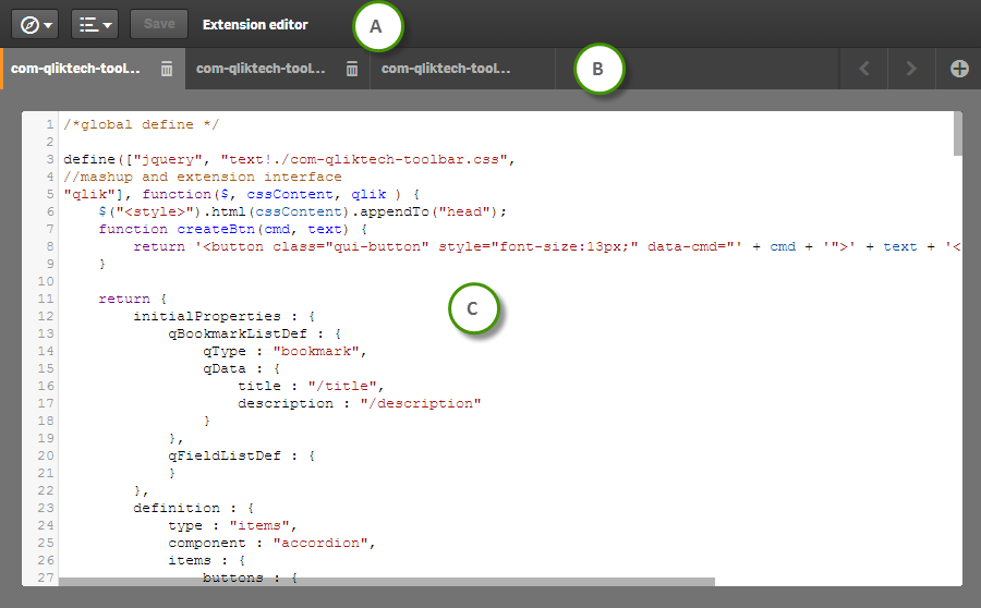 Extension editor interface with code. Callouts A, B, and C correspond to table below.