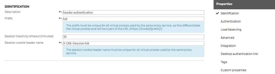 The Identification screen of a New Virtual Proxy dialog, with Description, Prefix, Session inactivity timeout, and Session cookie header name fields filled out.