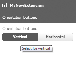 An interface titled "MyNewExtension" with the subtitle "Orientation buttons". There are two buttons below the "Orientation buttons" subtitled: "Vertical" and "Horizontal".