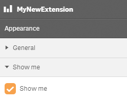 An interface titled "MyNewExtension" with the subtitle "Appearance". There are two hide and show buttons. They are called "General" and "Show me". The hide and show button called "Show me" is open and contains a checkbox that is checked. The text beside the check is "Show me".