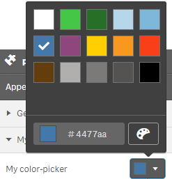 A colour palette with the colour blue selected, and its hexidecimal colour value below.