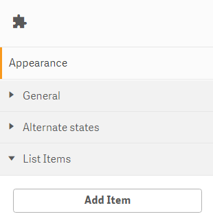 An interface with "Appearance" at the top. There are three hide and show buttons called "General", "Alternate states", and "List Items". Inside the "List Items" show and hide button, there is an "Add item" button.