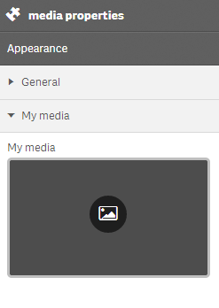 An interface titled "media properties" with the subtitle "Appearance". Appearance contains two hide and show buttons called "General" and "My media". Under the "My media" button, there is a blank image with the caption "My media" above it.