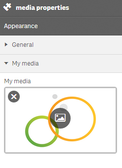 An interface titled "media properties" with the subtitle "Appearance". Under "Appearance", there are two hide and show buttons called "General" and "My media". Under "My media" there is a graphic of two overlapping circles. One circle is yellow and bigger than the smaller green circle that it is overlapping with. The image is captioned "My media".