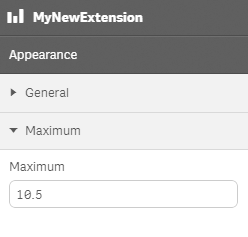 An interface titled "MyNewExtension" with the subtitle "Appearance". Under "Appearance", there are two hide and show buttons called "General" and "Maximum". Under "Maxium there is a text box containing "10.5" , titled "Maximum".
