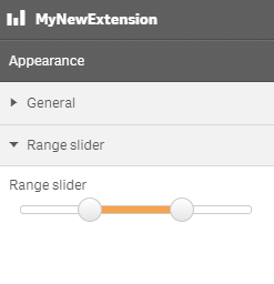 An interface titled "MyNewExtension" with the subtitle "Appearance". Under "Appearance", there are two hide and show buttons called "General" and "Range slider". Under "Range slider", there is a sliding range with two sliders titled "Range slider". One slider is positioned one third from the left, and the other slider one third from the right, taking up the middle third of the slider.