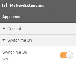 An interface titled "MyNewExtension" with the subtitle "Appearance". Under "Appearance", there are two hide and show buttons called "General" and "Switch me On". "Switch me On" contains a toggle button, which is toggled to "On"