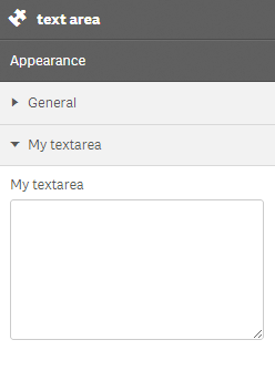 An interface titled "text area" with the subtitle "Appearance". Under "Appearance" there are two hide and show buttons called "General" and "My textarea". Below "My textarea" there is an empty text box with the title "My textarea".