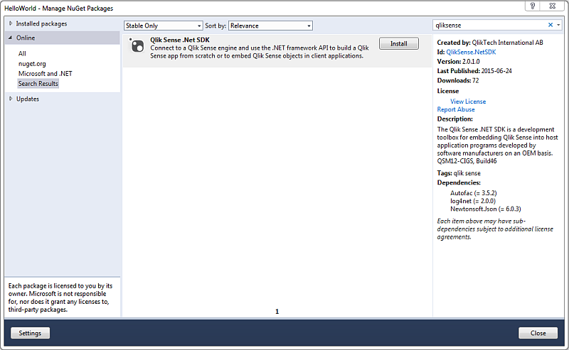 The Manage NuGet Packages window, with Qlik Sense .Net SDK selected.