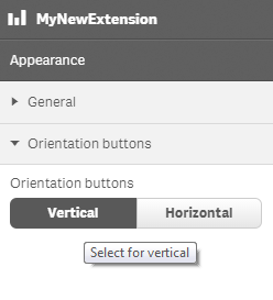 An interface titled "MyNewExtension" with the subtitle "Appearance". There are two hide and show buttons called "General" and "Orientation buttons". The "Orientation buttons" hide and show button is open with two buttons as options: "Vertical" and "Horizontal".