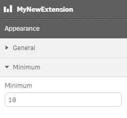 An interface titled "MyNewExtension" with the subtitle "Appearance". There are two hide and show buttons called "General" and "Minimum". Under the expanded "Minimum" hide and show button there is a text field with the number 10 in it.