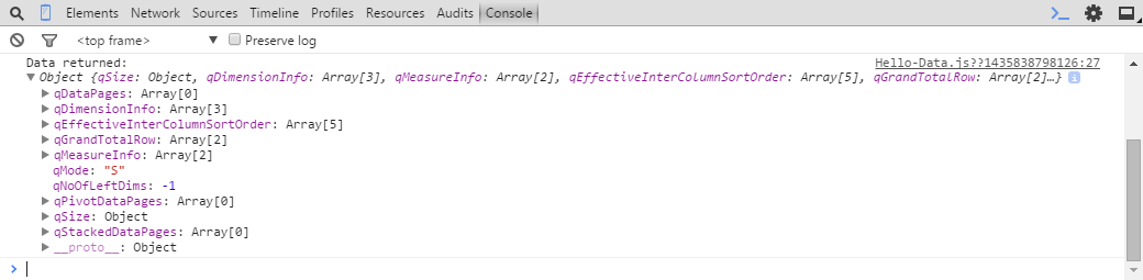 Web dev tool console output, displaying extension fields and information