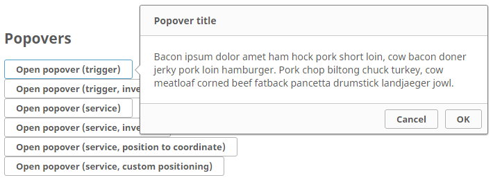 An image of an interface item called "Open popover (trigger)" activated. As a result of the activation, there is a pop-up box titled "Popover title" with lorum ipsum text as the body text of the pop up.