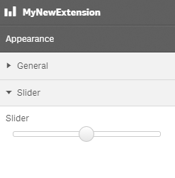 An interface titled "MyNewExtension" with the subtitle "Appearance". Under "Appearance", there are two hide and show buttons called "General" and "Slider". Under "Slider" there is a sliding button titled "Slider". The button is positioned in the center of the sliding range.
