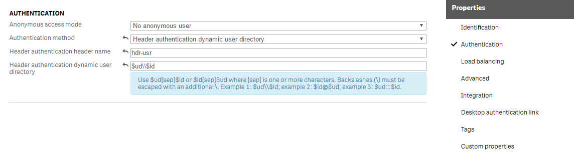 The Authentication screen of the New Virtual Proxy dialog, with Anonymous access mode, Authentication method, Header authentication header name, and Header authentication dynamic user directory fields filled out.