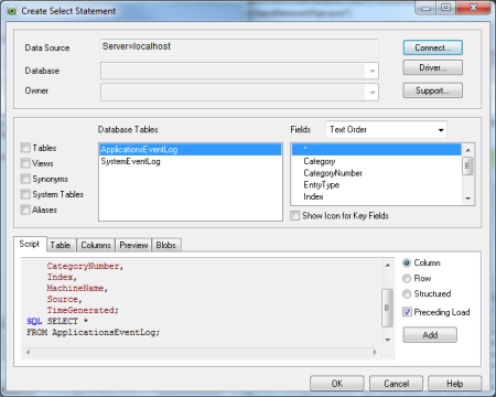 Create Select Statement dialog with ApplicationsEventLog table and All Fields asterisk selected