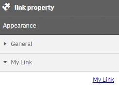 An interface titled "link property" with the subtitle "Appearance". Under "Appearance" there are two hide and show buttons called "General" and "My Link". Underneat the expanded hide and show button "My Link", there is a link with the text "My link". It is underlined and blue, visibling showing that it is a clickable link.