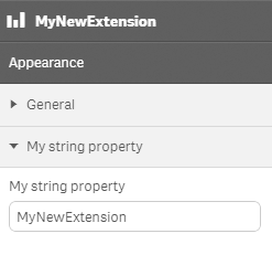 An interface titled "MyNewExtension" with the subtitle "Appearance". Under "Appearance", there are two hide and show buttons called "General" and "My string property". Under "My string property" there is a text box titled "My string property" with the text "MyNewExtension" inside of the text box.
