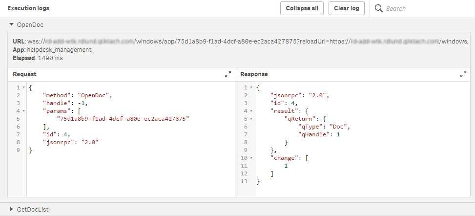 The Execution logs section, displaying request and response codes.