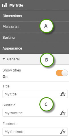 Example properties panel, with Sections at the top, Header at the top of the currently opened Section, and Items below the Header