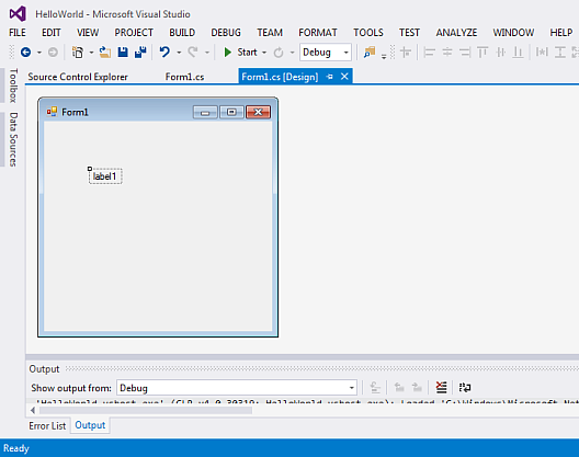 A tab in Visual Studio containing an empty form design. "label1" is placed on top of the form design.