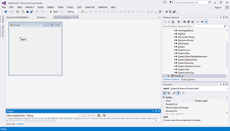Visual Studio with the Properties tab open.