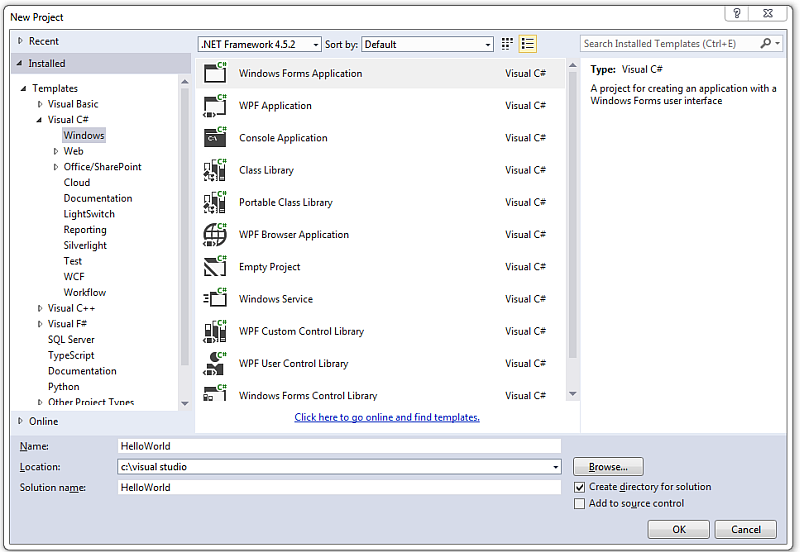 The New Project window, with Windows Forms Application selected.