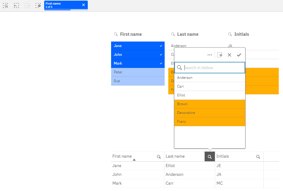 Click to view full size Sheet containing three listboxes, with the selection bar at the top. A search menu for the table chart below the listboxes as been expanded to show that the custom property values appear in all listboxes in the user interface, not just within filter panes.
