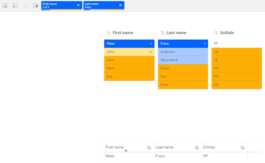 Click to view full size Sheet containing three listboxes, with the selection bar at the top. Selections have been made in the app to highlight each of the custom property values.
