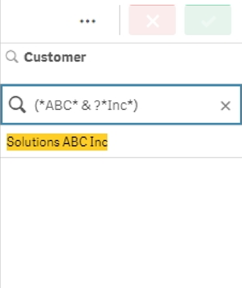 Compound search using the AND operator. In this case, the search text is '(*ABC* ['and' operator symbol] ?Inc*)', with no quotation marks in the actual search. The results include the value 'Solutions ABC Inc'.