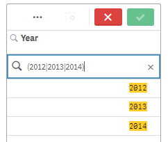 Compound search using the OR operator. In this case, the search text is '(2012|2013|2014)', with no quotation marks in the actual search. The results include the values '2012', '2013', and '2014'.