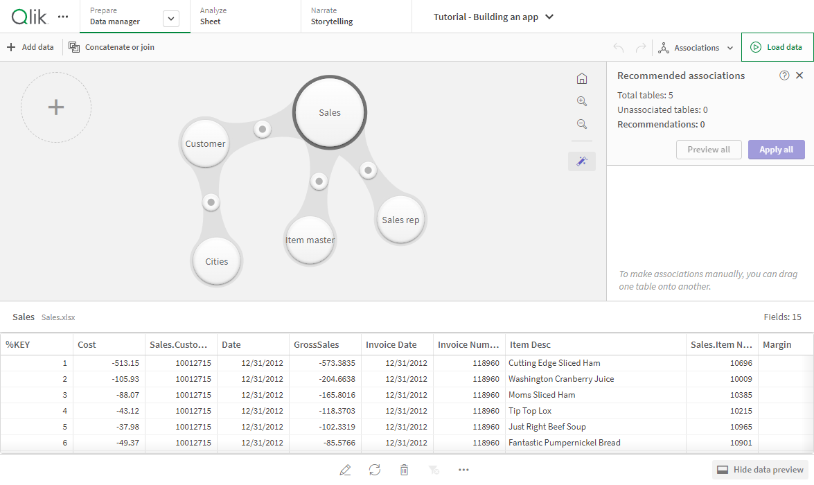 Associations view of the Data manager.