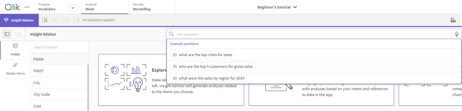 Insight Advisor open in a Qlik Sense app, with example questions populated in the search dropdown menu