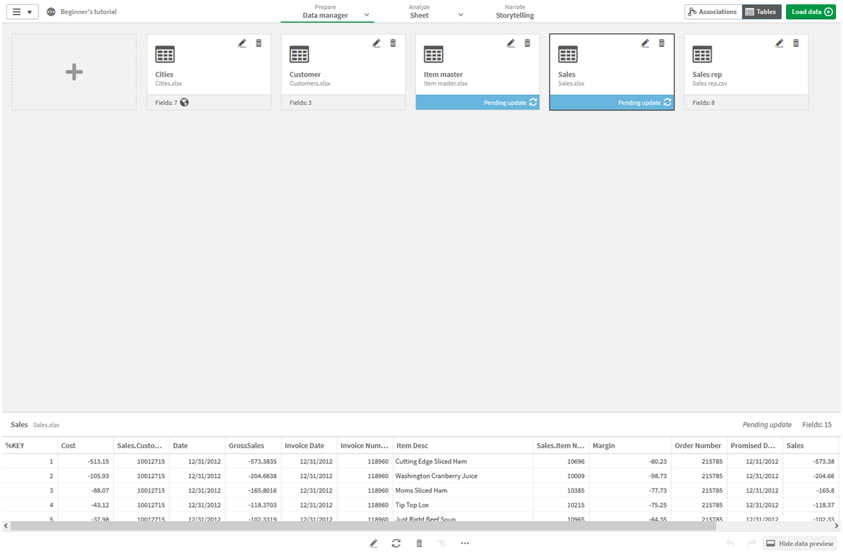 Tables view in data manager.